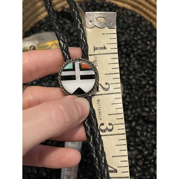 Vintage Sterling Inlaid Zuni Sun Face Turquoise Coral Onyx Mop Bolo Tie Necklace - Picture 9 of 9